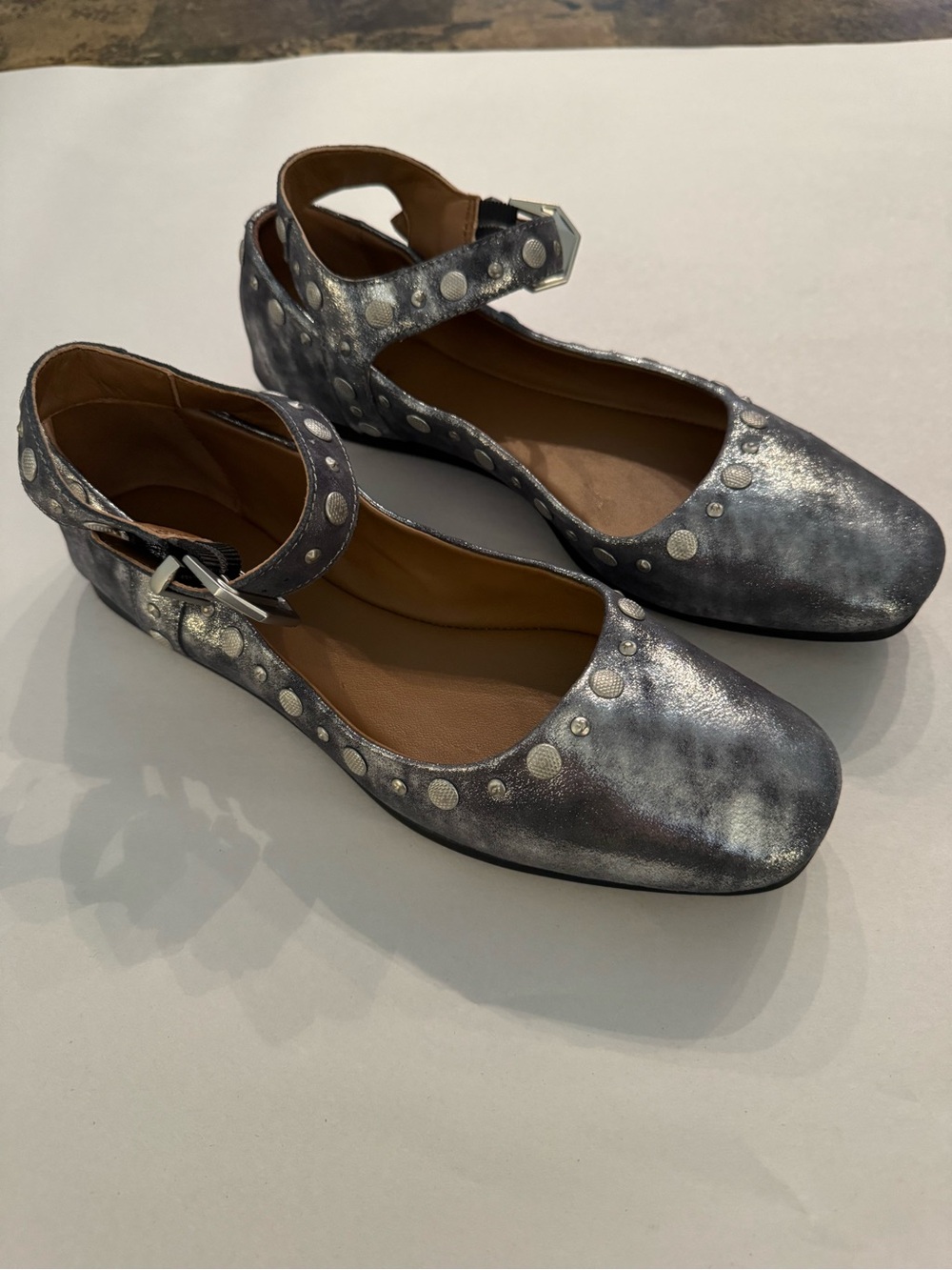 Free People Mystic Mary Jane Jean flat silver studded grey metallic size 9 - Picture 4 of 8